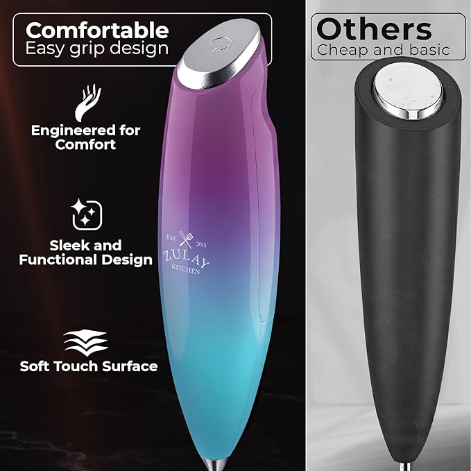 Zulay Kitchen Patented Tornado Triple Whisk Milk Frother with 4 Duracell Batteries – Handheld Foam Maker for Coffee, Lattes, Matcha & Hot Chocolate – Rich, Creamy Froth in Seconds