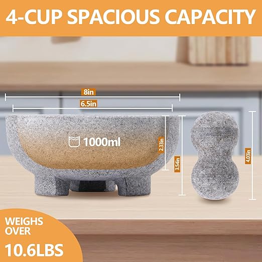 WhiteRhino Mortar and Pestle Set, 4 Cup Natural Unpolished Granite Molcajete Mexicano, 8-in Extra Large Guacamole Bowl, Motar Pestel Stone Grinder for Guacamole, Salsa, Spices, Herbs, Seasonings