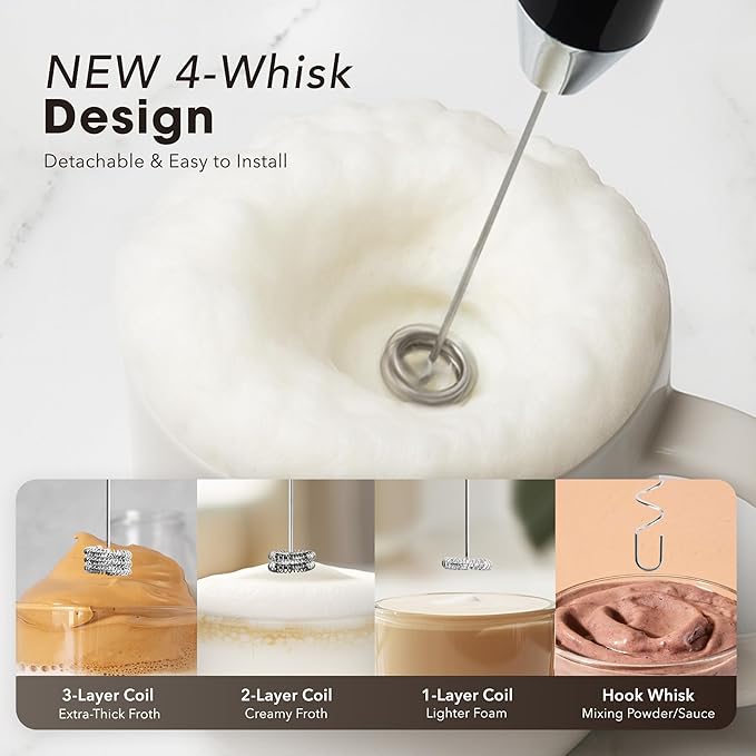 Zulay Kitchen Rechargeable Milk Frother Handheld - Lux 4 Whisks, Powerful 2-Speed Motor, Waterproof, 2000mAh Battery - Drink Mixer for Latte, Cappuccino, Matcha & Protein Powder - Jet Black