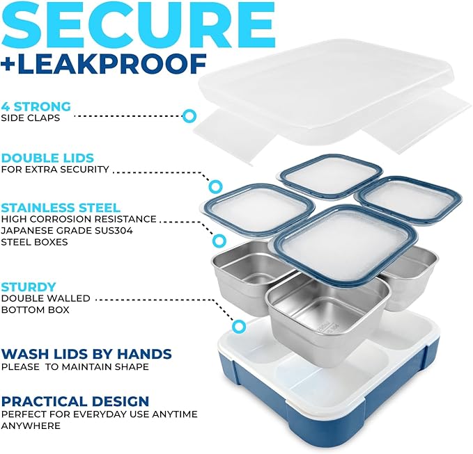 Stainless Steel Bento Lunch Box Set for Adults, Kids - Insulated Bag and Ice Pack - Leak-Proof Metal Compartment Meal Prep Food & Snack Containers for Work Travel School Daycare, 36 oz Navy Blue