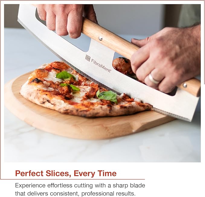 FibraMent® 16" Pizza Cutter Rocker – Stainless Steel Blade with Wood Handle & Cover, Professional Half Moon Pizza Slicer Knife for Pizzas, Pastries & More –Durable, Easy to Clean, Premium Kitchen Tool