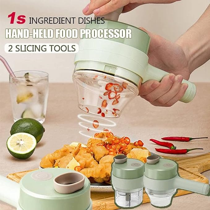 4 in 1 Handheld Electric Vegetable Cutter Set, Wireless Chopper, Garlic Mud Masher, Portable Fruit and for Garlic, Pepper, Chili, Onion, Potato, Meat (Green), 20.5X9.5X8CM/578, 21213