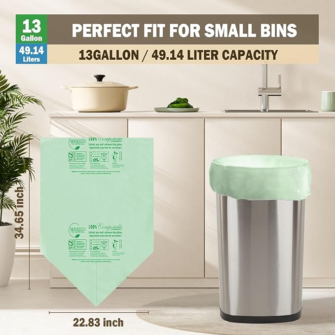 Compostable Trash Bags, 13 Gallon / 49.2 Liter, 45 Count, Extra Thick 0.9 Mil Tall Kitchen Food Scrap Bin Liners, Certified by BPI, CMA & OK compost HOME