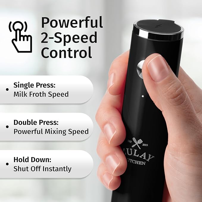 Zulay Kitchen Rechargeable Milk Frother Handheld Lux - Powerful 2-Speed Motor, Waterproof, 2000mAh Battery - Drink Mixer for Latte, Cappuccino, Matcha & Protein Powder - Obsidian Black