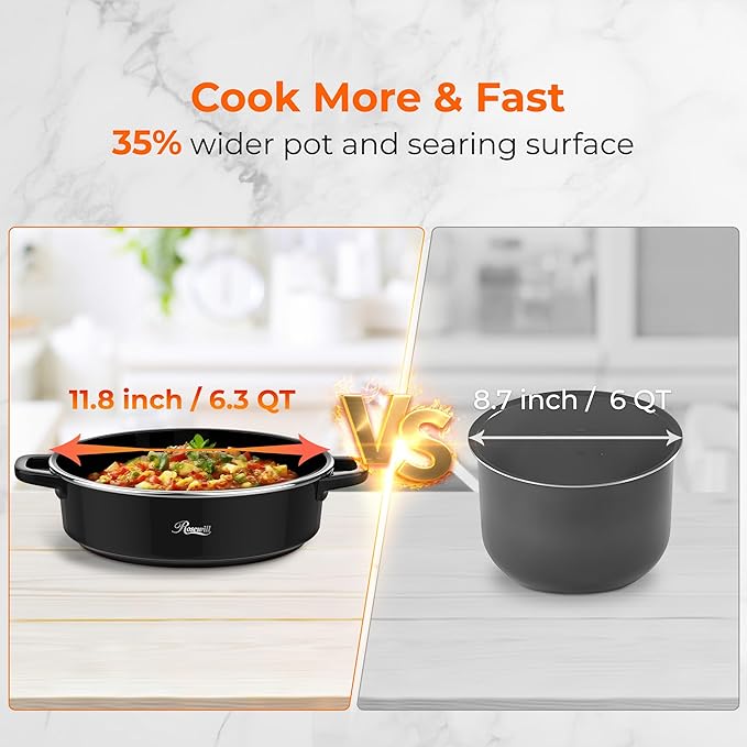 Rosewill 12.7 QT Electric Hot Pot Slow Cooker with Multiple Functions, Split Design with 11.8 inch Wider Cooking Pot and SUS Steam Basket, 1600W High Power, Includes Utensils - Black