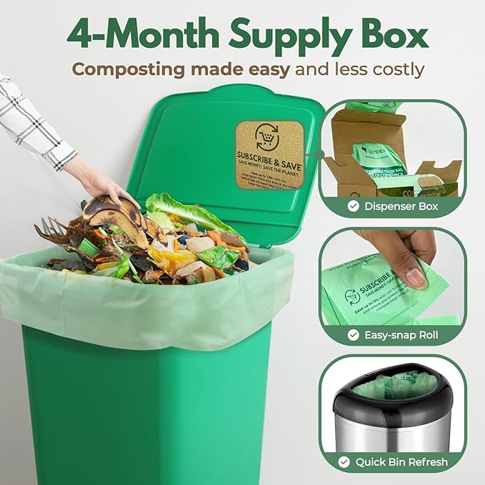 Compostable Kitchen Trash Bags 33 Gal - Cornstrarch Leakproof & Tear Resistant 40 Compost Bags - OK Compost Home & Seedling Certified 0.28 mm Kitchen Garbage Bags