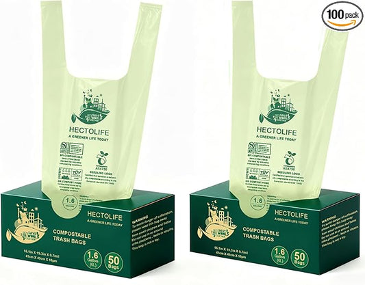 1.6 Gallon 100 Count,Compostable Bags Handle Tie,Tear Resistant Kitchen Food Scrap Waste Bag, ASTM D6400, US BPI and Europe OK Compost Home Certified