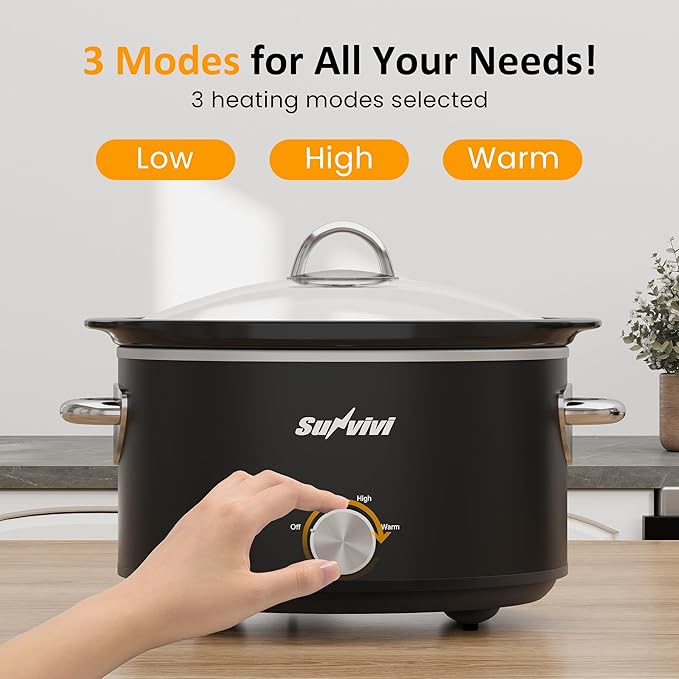 Sunvivi Small Slow Cooker 4QT, Mini Food Warmer with 3 Heating Settings, Removable Ceramic Pot, Dishwasher Safe Glass Lid, Stainless Steel, Black