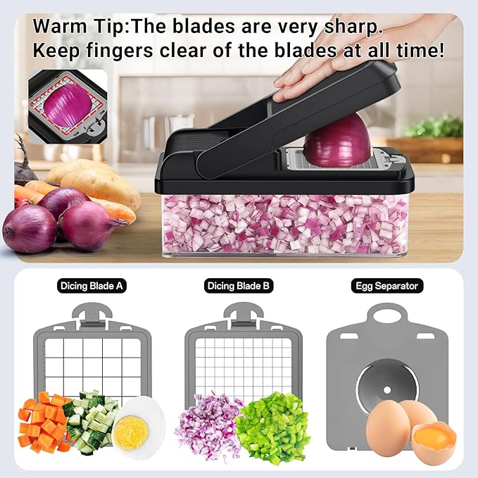 15-in-1 Vegetable Chopper, Kitchen Gadgets with 10 Blades, Veggie, Food, Onion Chopper, Cucumber Slicer, Versatile Mandoline, Includes Egg Separator & Finger Guard, Gray