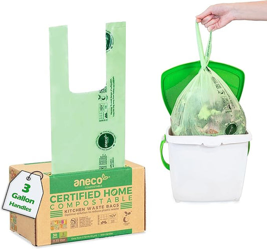 ANECO Compostable Food Waste Bags 3 Gallon With Handles (30 Count), Extra Strong Compost Bags for Kitchen Countertop Bin - BPI & OK Compost HOME Certified Small Garbage Bags With Handles