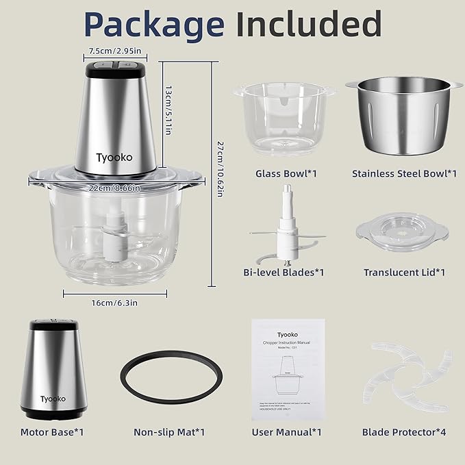 Electric Food Processor Vegetable Chopper, Easy Clean Meat Grinder with 2 Bowls (8 Cup Stainless Steel+8 Cup Glass), Small Food Mixer for Fruits/Meat/Nuts/Fish/Veggie/Pet Food/Baby Food