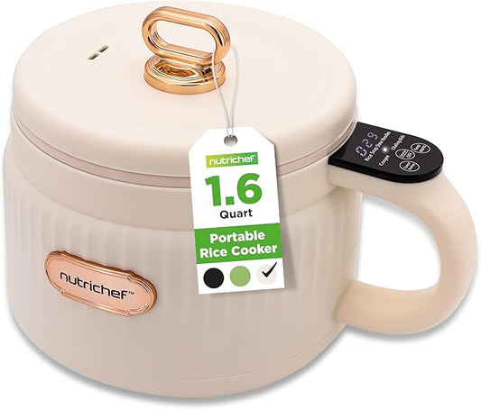 NutriChef 1.6 QT Portable Electric Rice Cooker & Lunch Maker | Multi-Functional & Non-Stick Ceramic Coating | Digital Control Panel | 6 Cook Functions: Rice, Soup, Stew, Porridge & More | White