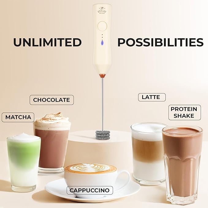 Zulay Kitchen Rechargeable Milk Frother - Dynamic - 3 Speeds, 3 Whisk Attachments, 500 mAh USB Charging, Drink Mixer For Latte, Cappuccino, Matcha, Protein Powder, Coffee Foam - Cream Copper