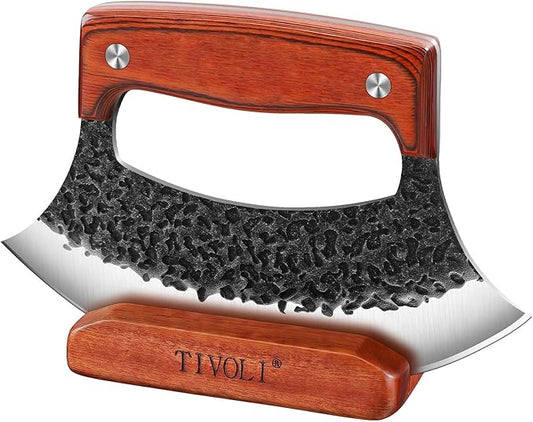 TIVOLI Ulu Knife with Wooden Stand – Full Tang High Carbon Steel, Japanese-Inspired Rocker Knife with Gift Box, Mezzaluna Knives & Pizza Cutter for Kitchen, Camping & BBQ, Unique Gift for Men