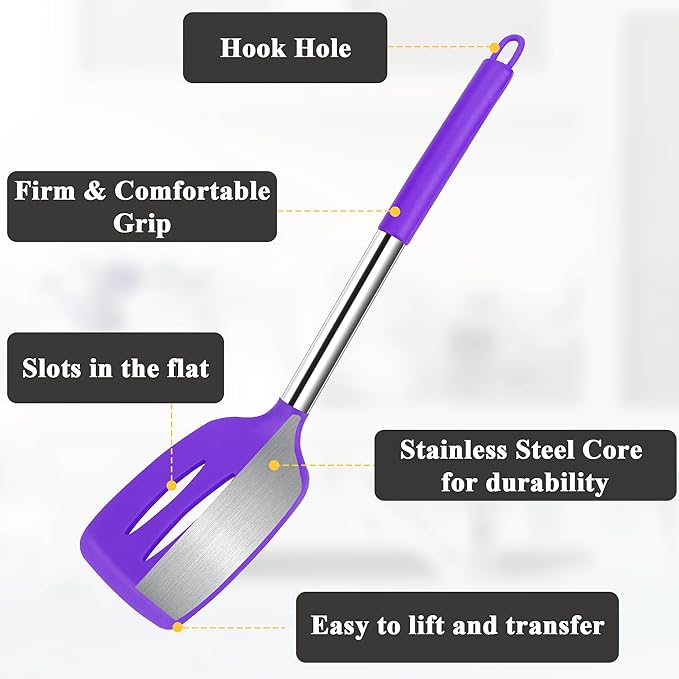 Silicone Spatula Spoon Set, 4 PCS Silicone Cooking Utensils Spatula Spoon Set with Stainless Steel Handle, BPA Free Kitchen Turners for Frying, Mixing, Serving, Draining, Turning, Stirring, Purple