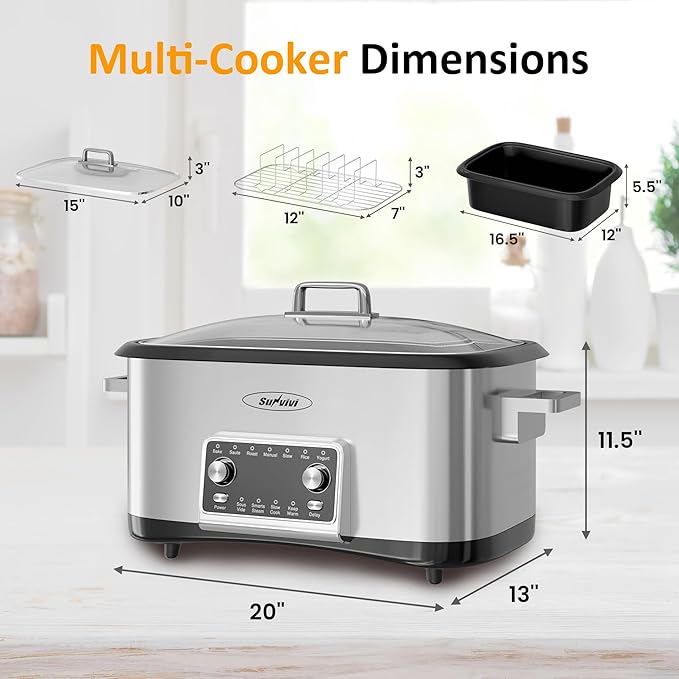 Sunvivi Programmable 8 Quart Slow Cooker, 12 in 1 Multi-Cooker Food Warmer with Digital Timer, Temp Control, Removable Cast Aluminum Pot & Dishwasher-Safe Tempered Glass Lid, Stainless Steel
