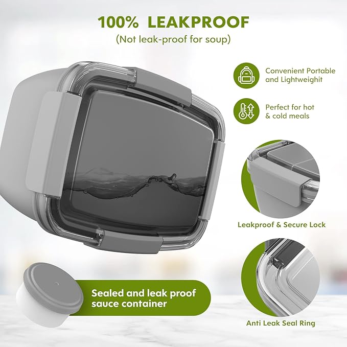 Cherrysea 2Pack Salad Lunch Container, 68oz Salad Bowls with 4 Compartments Tray,Leak Proof Lunch Box with Fork for Men,Women BPA-Free Snack Container with Sauce Container for Dressings-Grey