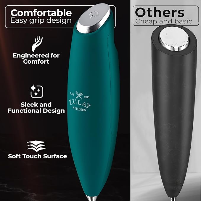 Zulay Kitchen Patented Tornado Triple Whisk Milk Frother with 4 Duracell Batteries – Handheld Foam Maker for Coffee, Lattes, Matcha & Hot Chocolate – Rich, Creamy Froth in Seconds