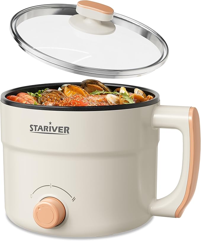 Stariver 1.5L Electric Hot Pot with Dual Power - Mini Portable Non-Stick Noodle Cooker for Ramen, Soup, Pasta, Egg, Oatmeal - Overheat & Boil-Dry Protection - Ideal for Dorm, Office, Travel Gift