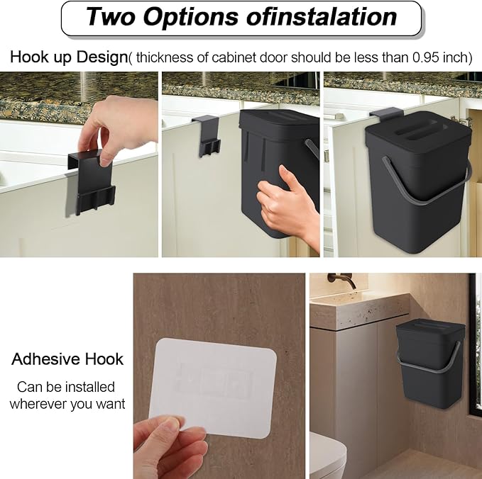 Compost Bin Kitchen, Includes 100 Trash Bags, Hanging Trash Can with Lid, Features Pet-Proof, Odor-Proof, and Quiet Opening/Closing. Suitable for Bathrooms/Bedrooms/Offices (Black, 1.3Gal/5L)