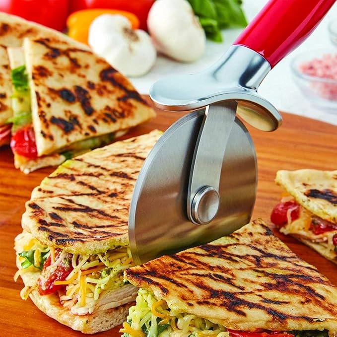 KitchenAid Classic Pizza Wheel with Sharp Blade For Cutting Through Crusts, Pies and More, Built In Finger Guard for Safety and Comfort Grip to Protect Fingers, Dishwasher Safe, 9-Inch, Red