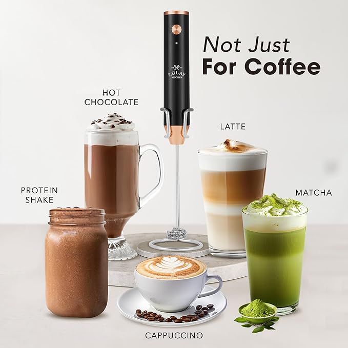 Zulay Kitchen Rechargeable Milk Frother Handheld - Lux 4 Whisks, Powerful 2-Speed Motor, Waterproof, 2000mAh Battery - Drink Mixer for Latte, Cappuccino, Matcha & Protein Powder - Dark Copper