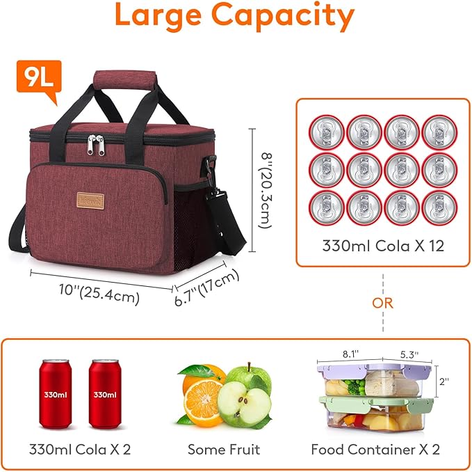 Lifewit Medium Lunch Bag Insulated Lunch Box Soft Cooler Cooling Tote for Adult Men Women, Burgundy 12-Can (9L)