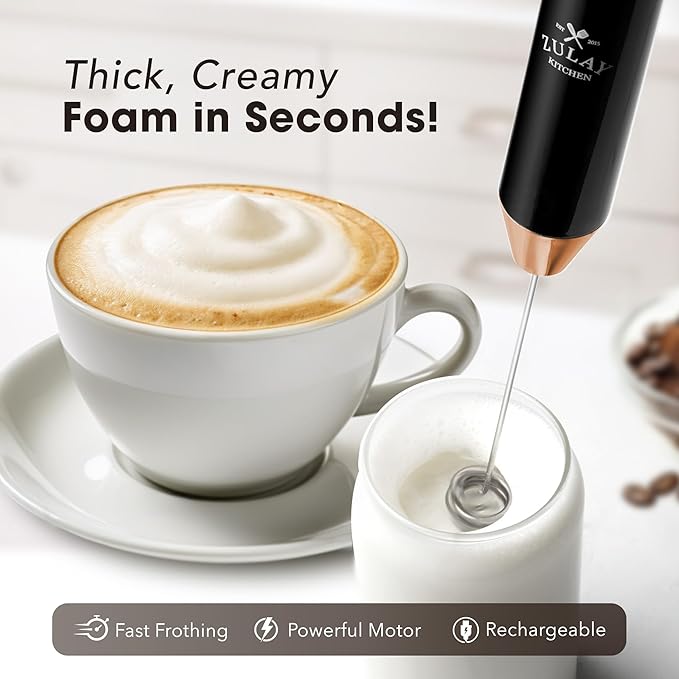 Zulay Kitchen Rechargeable Milk Frother Handheld - Lux 4 Whisks, Powerful 2-Speed Motor, Waterproof, 2000mAh Battery - Drink Mixer for Latte, Cappuccino, Matcha & Protein Powder - Dark Copper