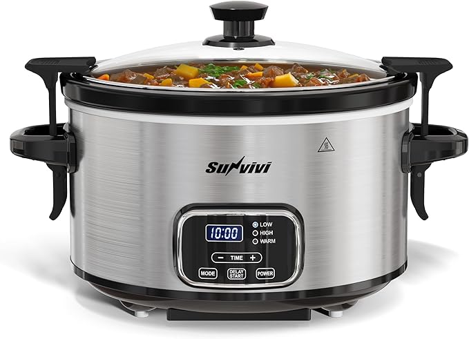 Sunvivi 4QT Programmable Slow Cooker with Locking Lid, Removable Ceramic Pot, 3 Heating Settings & Timer, Dishwasher-Safe, Stainless Steel