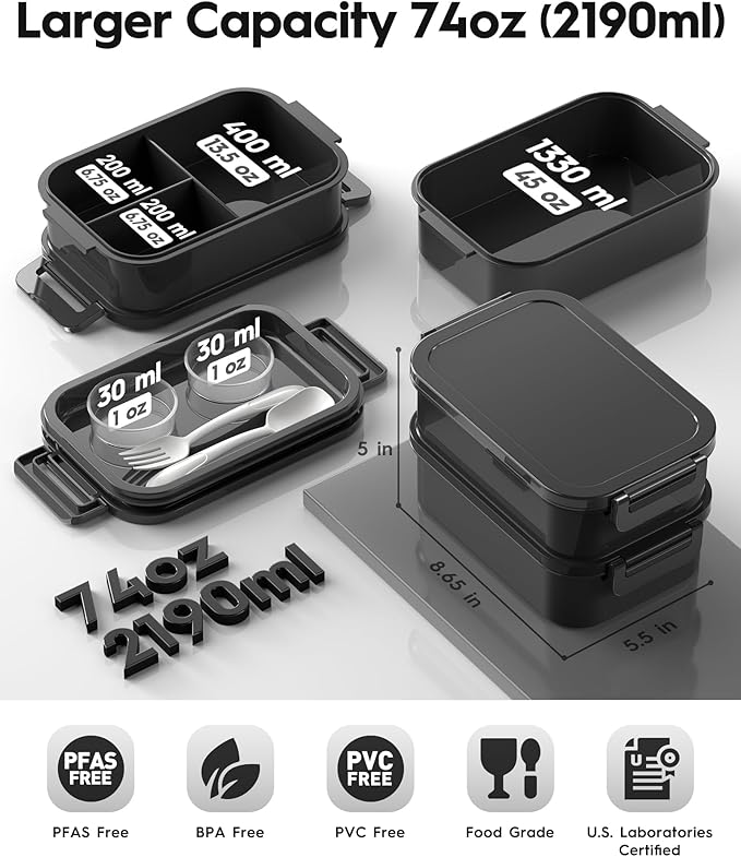 Adults Bento Box with Insulated Lunch Bag, 74oz Capacity 3 Stackable Leak-Proof Bento Box Built-In Utensil and Sauce, PFAS & BPA-Free, Microwave & Dishwasher Safe (Astral Black)