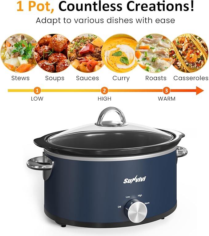Sunvivi 3 Quart Slow Cooker & Mini Food Warmer with 3 Heating Settings, Removable Ceramic Pot, Dishwasher Safe Glass Lid, Stainless Steel, Blue