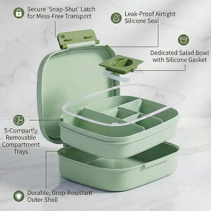 L&A's Bento Lunch Box for Kids and Adults - Leakproof 5-Compartment Lightweight Food Container, Large Capacity Meal Prep for School and Work, BPA-Free, Microwave & Dishwasher Safe (Green)