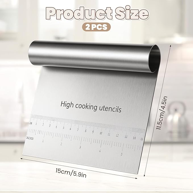 2 Pcs Bench Dough Scraper Cutter, Stainless Steel Pastry Cutter Kitchen Food Scraper Chopper, Metal Dough Scrapers Versatile Kitchen Tool for Butter, Baking, Bread, Cake, Pizza, and More(2Pcs)
