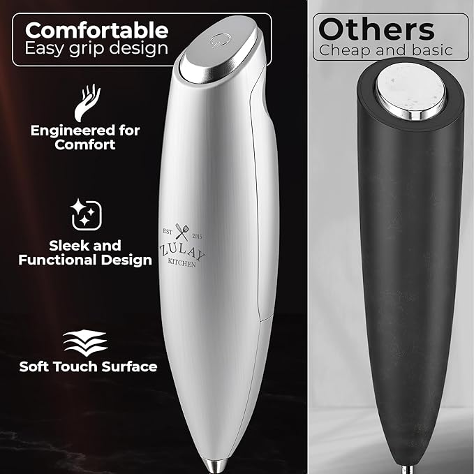 Zulay Kitchen Patented Tornado Triple Whisk Milk Frother with 4 Duracell Batteries – Handheld Foam Maker for Coffee, Lattes, Matcha & Hot Chocolate – Rich, Creamy Froth in Seconds