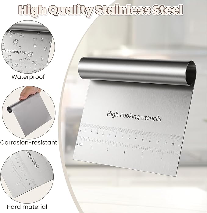 2 Pcs Bench Dough Scraper Cutter, Stainless Steel Pastry Cutter Kitchen Food Scraper Chopper, Metal Dough Scrapers Versatile Kitchen Tool for Butter, Baking, Bread, Cake, Pizza, and More(2Pcs)