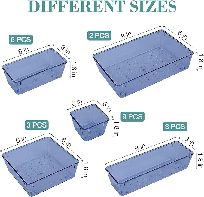 23 PCS Drawer Organizer Set, 5 Varied Size Bathroom and kitchen Drawer cabinet organizer Trays, Clear Storage Bins for Makeup, Jewelry, Utensils and Gadgets, Dark Blue