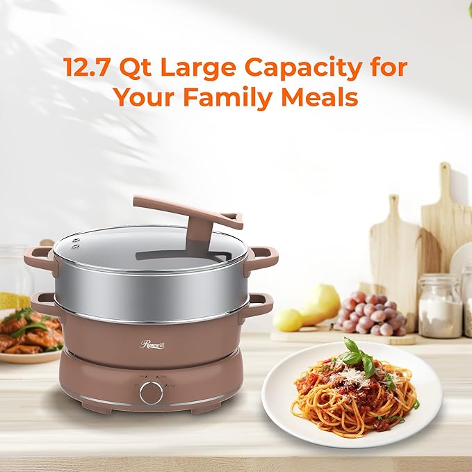 Rosewill 12.7 QT Electric Hot Pot Slow Cooker with Multiple Functions, Split Design with 11.8 inch Wider Cooking Pot and SUS Steam Basket, 1600W High Power, Includes Utensils - Mocha