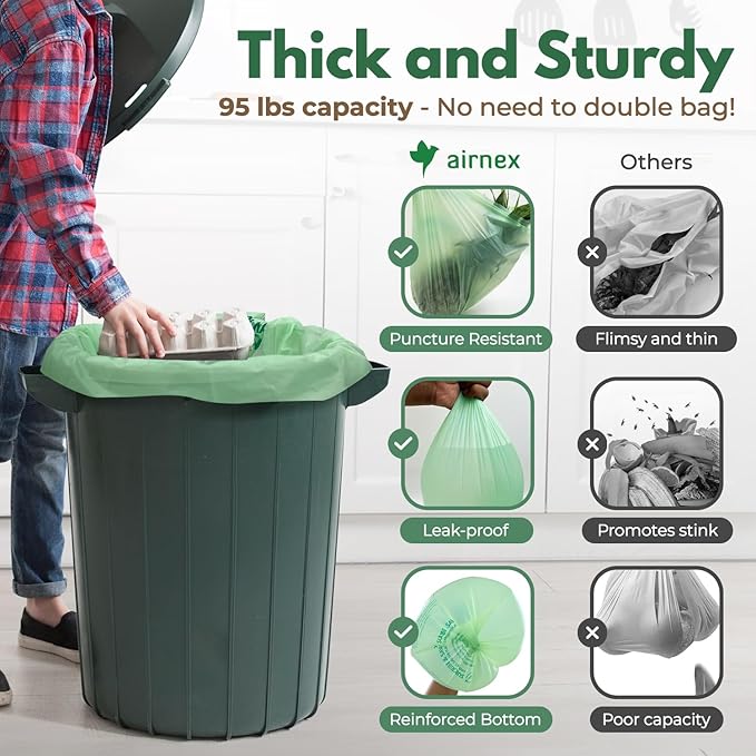 Compostable Kitchen Trash Bags 33 Gal - Cornstrarch Leakproof & Tear Resistant 40 Compost Bags - OK Compost Home & Seedling Certified 0.28 mm Kitchen Garbage Bags