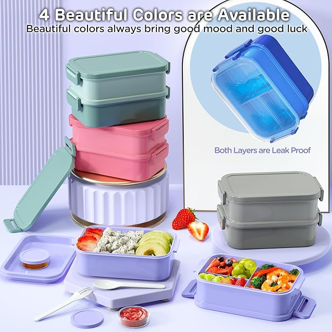 Lunch Box Adults Bento Box - 74 OZ All-in-One Stackable Lunch Box Containers for Adult Large Bento Box with Fork Spoon Sauce Boxes, Leakproof Lunchbox for Work School Dining Out,Macaron-Color