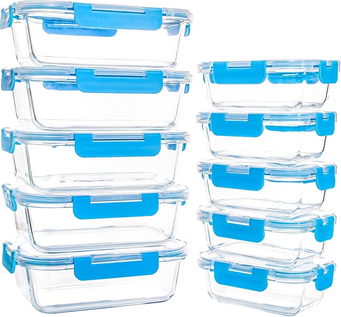 10 Pack Glass Food Storage Containers with Lids, Reusable Meal Prep Containers for Lunch, Airtight Glass Container Sets with Lids, Leak Proof, Microwave & Freezer Safe (34oz & 12oz)