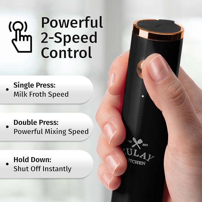 Zulay Kitchen Rechargeable Milk Frother Handheld - Lux 4 Whisks, Powerful 2-Speed Motor, Waterproof, 2000mAh Battery - Drink Mixer for Latte, Cappuccino, Matcha & Protein Powder - Jet Black Copper