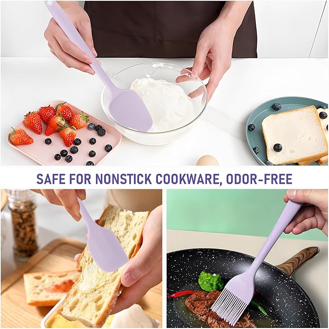 Silicone Spatula Set of 6, Heat-Resistant Food Grade, Nonstick Rubber Kitchen Utensils with Stainless Steel Core for Cooking, Baking & Mixing (Purple)
