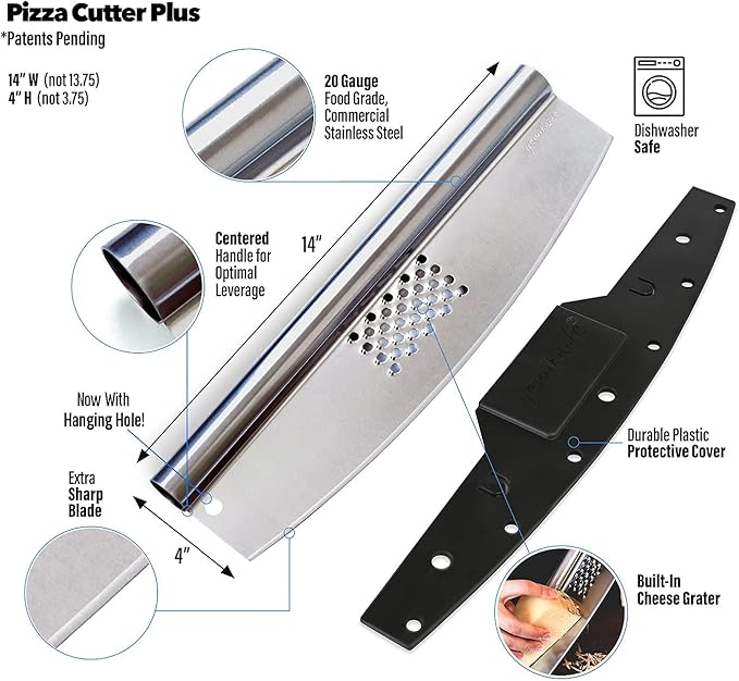 gemiknife Pizza Cutter Plus. Premium 14” Sharp Rocker Slicer + Built In Cheese Grater. Thick & Sturdy Stainless Steel Blade + Centered Handle + Protective Knife Cover + Dishwasher Safe.