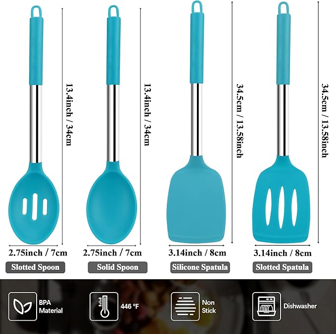 Silicone Spatula Spoon Set, 4 PCS Silicone Cooking Utensils Spatula Spoon Set with Stainless Steel Handle, BPA Free Kitchen Turners for Frying, Mixing, Serving, Draining, Turning, Stirring, Blue