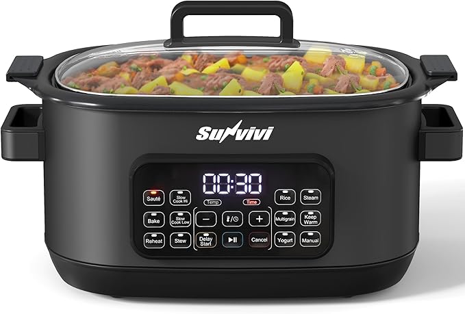 Sunvivi 12-in-1 Multi Slow Cooker Roaster Oven, 6.5QT Sliver Digital Programmable Slow Cooker with Rack, Large Removable Nonstick Crock, Glass Lid, Multicooker with Timer Temp Control, Black