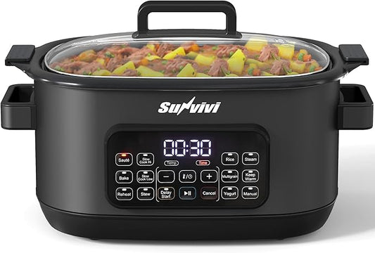 Sunvivi 12-in-1 Multi Slow Cooker Roaster Oven, 6.5QT Sliver Digital Programmable Slow Cooker with Rack, Large Removable Nonstick Crock, Glass Lid, Multicooker with Timer Temp Control, Black