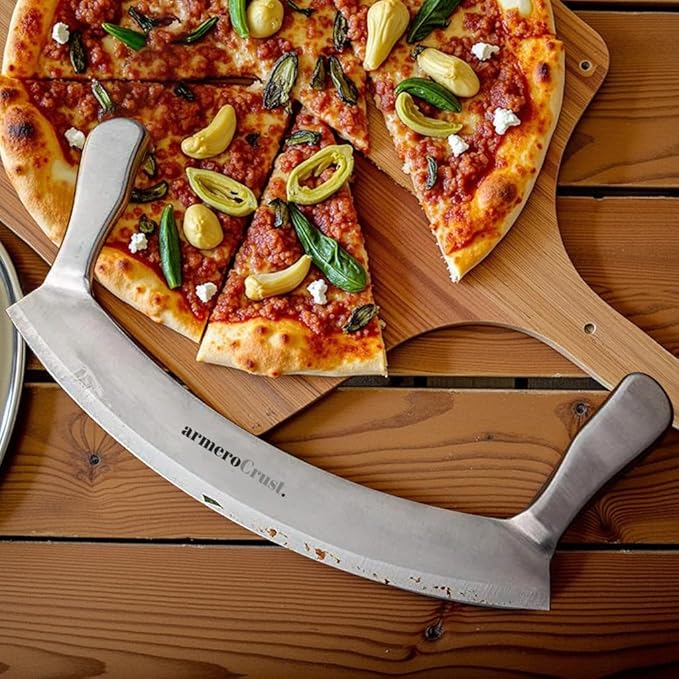 Mezzaluna Knife with Double Handle for Extra Stability - 12 Inches - Pizza Rocker for Precise Slicing of Thick Crust - Grade 18/0 Stainless Steel with Premium Finish