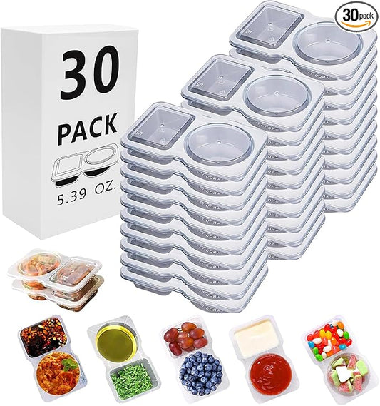 30 Sets Reusable Snack Containers Double Compartment Snackle Box Container with Lids - Leak-Proof BPA-Free Food Storage, Condiments Portion Control Dip Cups for Kids School Lunches, Meal Prep, Takeout