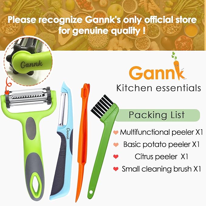 GANNK Potato Apple Vegetable Peelers for Kitchen, I and Y Peelers for Fruit Veggie Potatoes Carrot Cucumber, 3 in 1 Blade Spin Design With Julienne Function