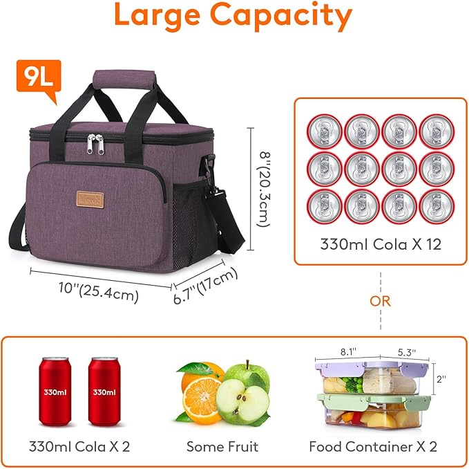Lifewit Medium Lunch Bag Insulated Lunch Box Soft Cooler Cooling Tote for Adult Men Women, Purple 12-Can (9L)